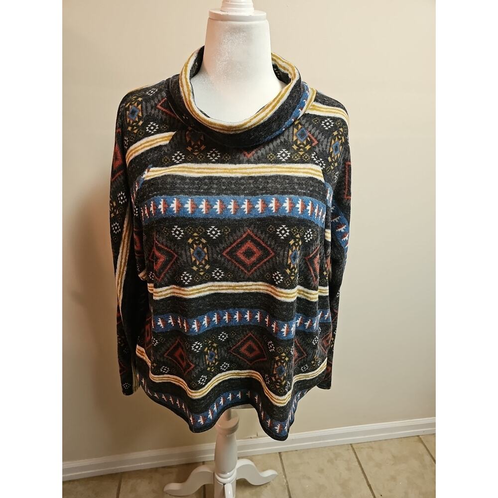 E.Luna Plus Size 1X Gray Cowl Neck Pullover Sweater Lightweight Knit Boho Tribal